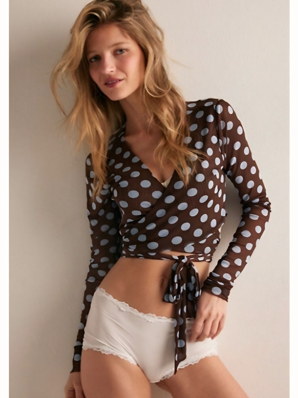 Printed Mesh Shrug in Brown & Blue Polka Dot